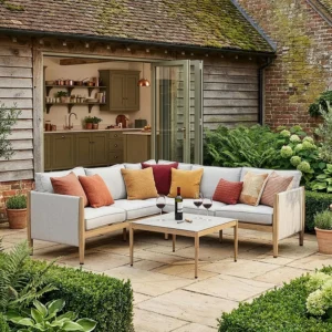 Burford Small Corner Garden Sofa Set - Coffee Table - Ceramic Top - Almond